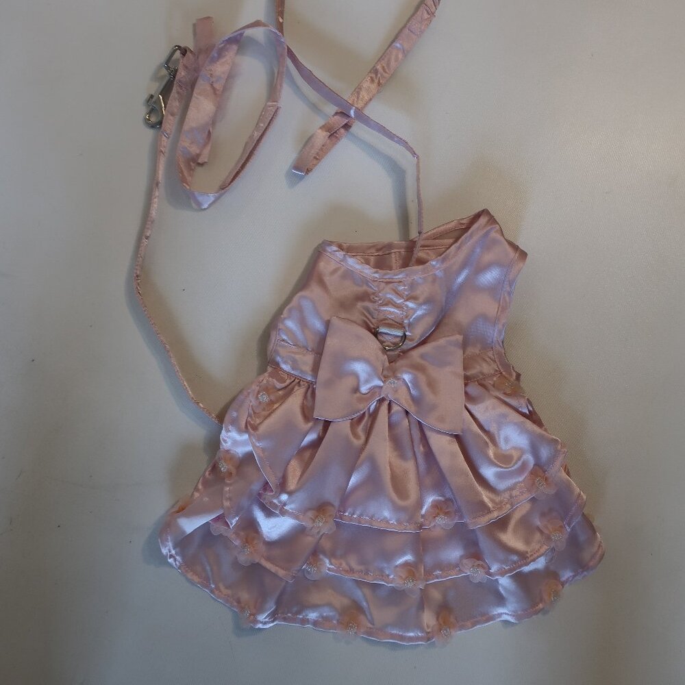 Pets Doggie Design Pink Satin Floral Trim 3 Pc Set Dress/M - Leash - Headband